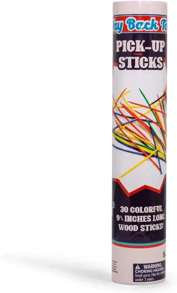 Way Back Toys Pick Up Sticks, 30 colorful wooden sticks and easy to carry container, game of steady hands and skill, novelty family fun game for ages 5 and up