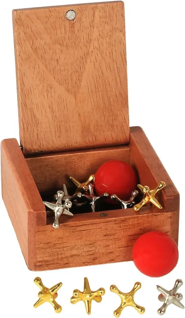 WE Games Metal Jacks Game, Retro Game with 2 Sets of Metal Jacks and Ball in Keepsake Wooden Box, Nostalgic Toy Set for Kids and Adults, Old Fashioned Floor Games, Jacks and Ball Travel Game Set