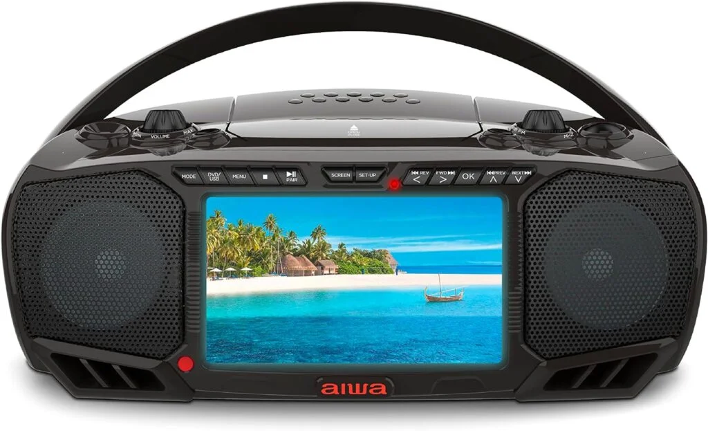 Aiwa Portable Boombox, Crystal Clear Sound with 3W x 2 Speakers and Bass Function, Featuring a 7 LCD Display, Bluetooth Connectivity, FM Radio, CD/DVD Player, Streaming on Roku and Amazon Firestick