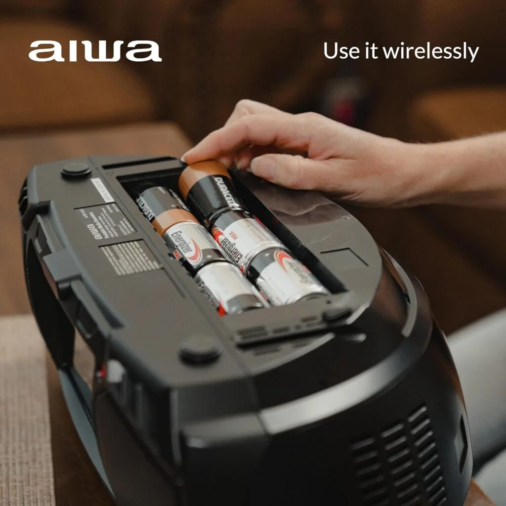 Aiwa Portable Boombox, Crystal Clear Sound with 3W x 2 Speakers and Bass Function, Featuring a 7 LCD Display, Bluetooth Connectivity, FM Radio, CD/DVD Player, Streaming on Roku and Amazon Firestick