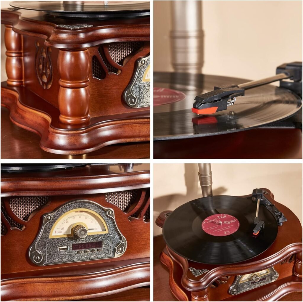 Artisam Phonograph Vinyl Record Player with Built-in Speakers, Vintage Bluetooth Audio Turntable 3 Speed Record Player with FM Stereo Radio and USB Play for Home Decor and Music Entertainment (wooden)
