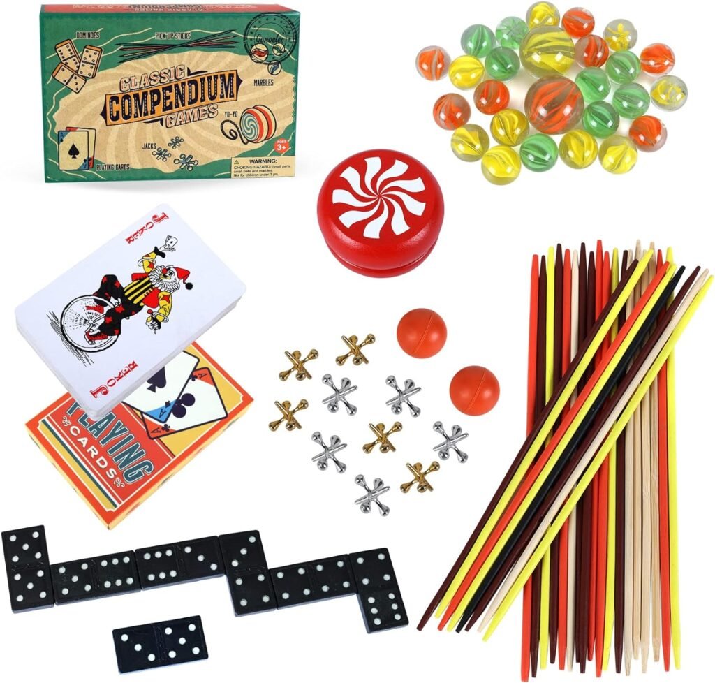 GOTHINK 6-in-1 Classic Games Set,Double 6 Dominoes, Pick Up Sticks, Playing Card, Marbles, Jacks, YO-YO Board Games for Kids Families Classroom Party Birthday