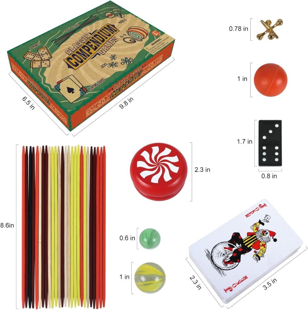 GOTHINK 6-in-1 Classic Games Set,Double 6 Dominoes, Pick Up Sticks, Playing Card, Marbles, Jacks, YO-YO Board Games for Kids Families Classroom Party Birthday