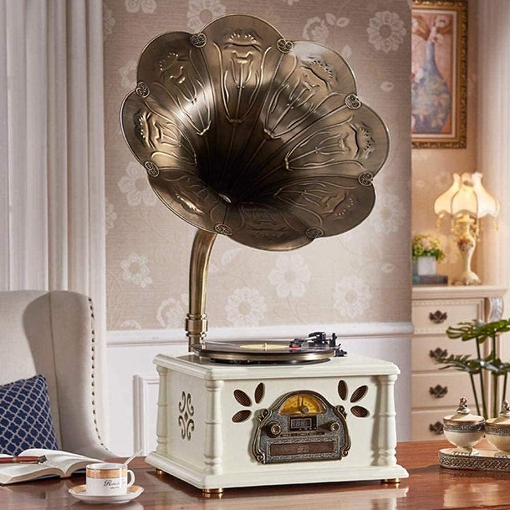 Gramophone Style Retro Stereo Music Turntable Record Player Vintage Gramophone Bluetooth Speakers Radio CD Player USB Built-in Sub