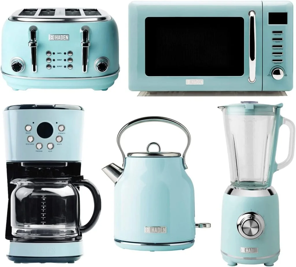 Haden Heritage Retro Style Stainless Steel Toaster, Electric Kettle, Coffee Maker, Microwave, and Blender Kitchen Appliance Set, Turquoise Blue