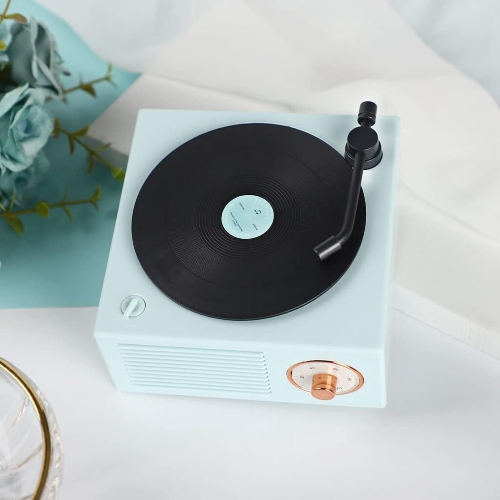 KESYOMA Old Fashioned Classic Vinyl Record Player Style Bluetooth Speaker Blue Portable Stereo Sound Cute Look Gift for Girls Bass Enhancement Loud Volume Speaker
