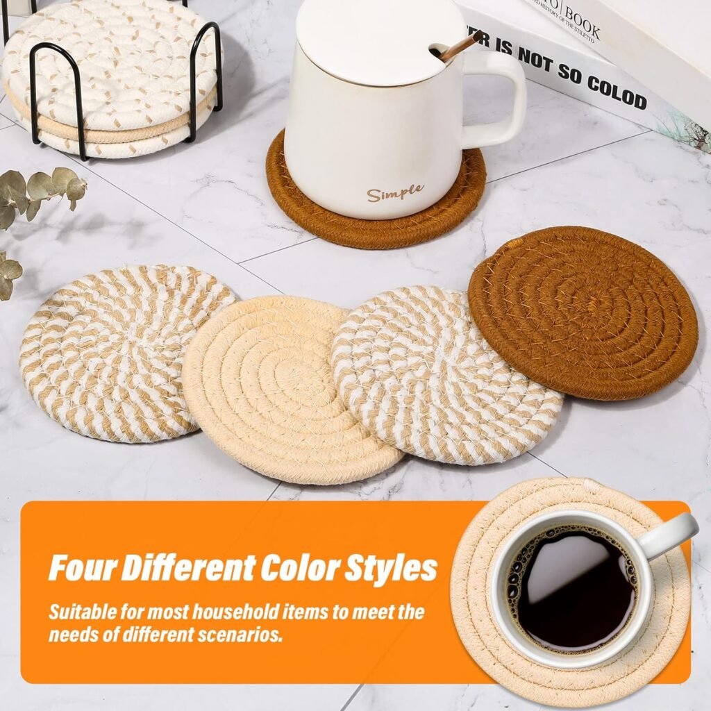 Mckanti 8 Pcs Drink Coasters with Holder, Minimalist Cotton Woven 4 Colors Absorbent Coaster Set for Home Decor Tabletop Protection Suitable for Kinds of Cups, 4.3 Inches.(NO.2)