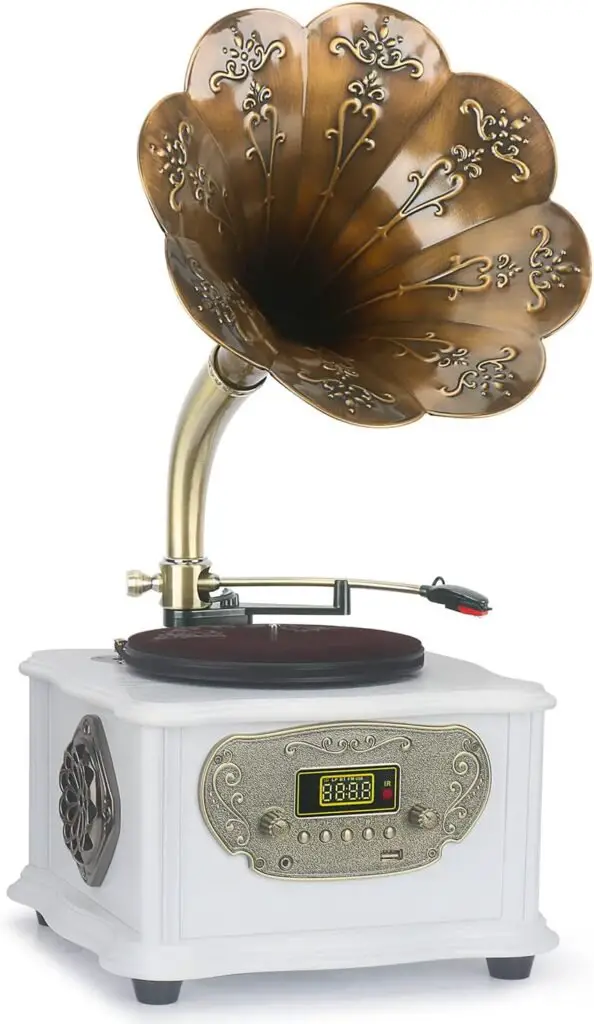 Phonograph Turntable Wireless Speaker, with Aux-in, FM Radio, USB Port for Flash Drive, Wooden Gramophone Vintage Retro Style (Wood)