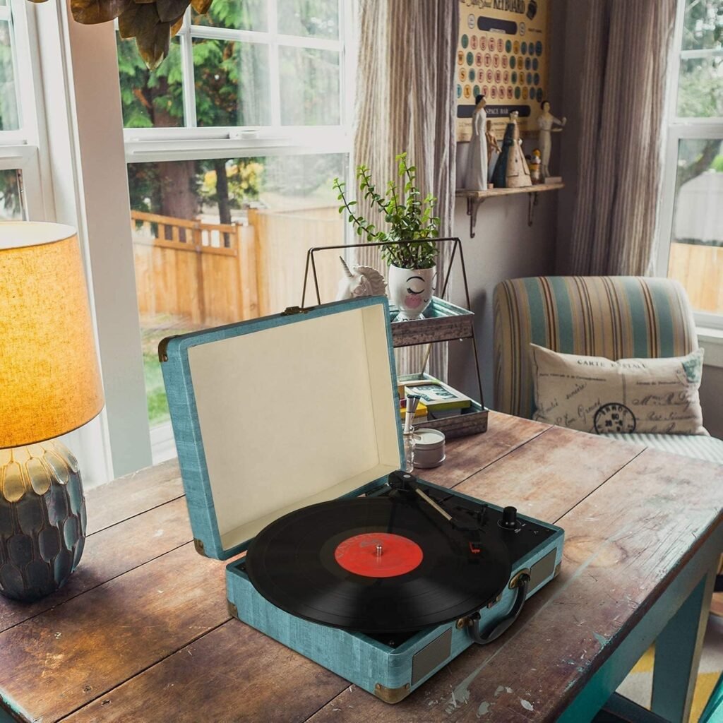 Record Player Vintage 3-Speed Bluetooth Vinyl Turntable with Stereo Speaker, Belt Driven Suitcase Vinyl Record Player