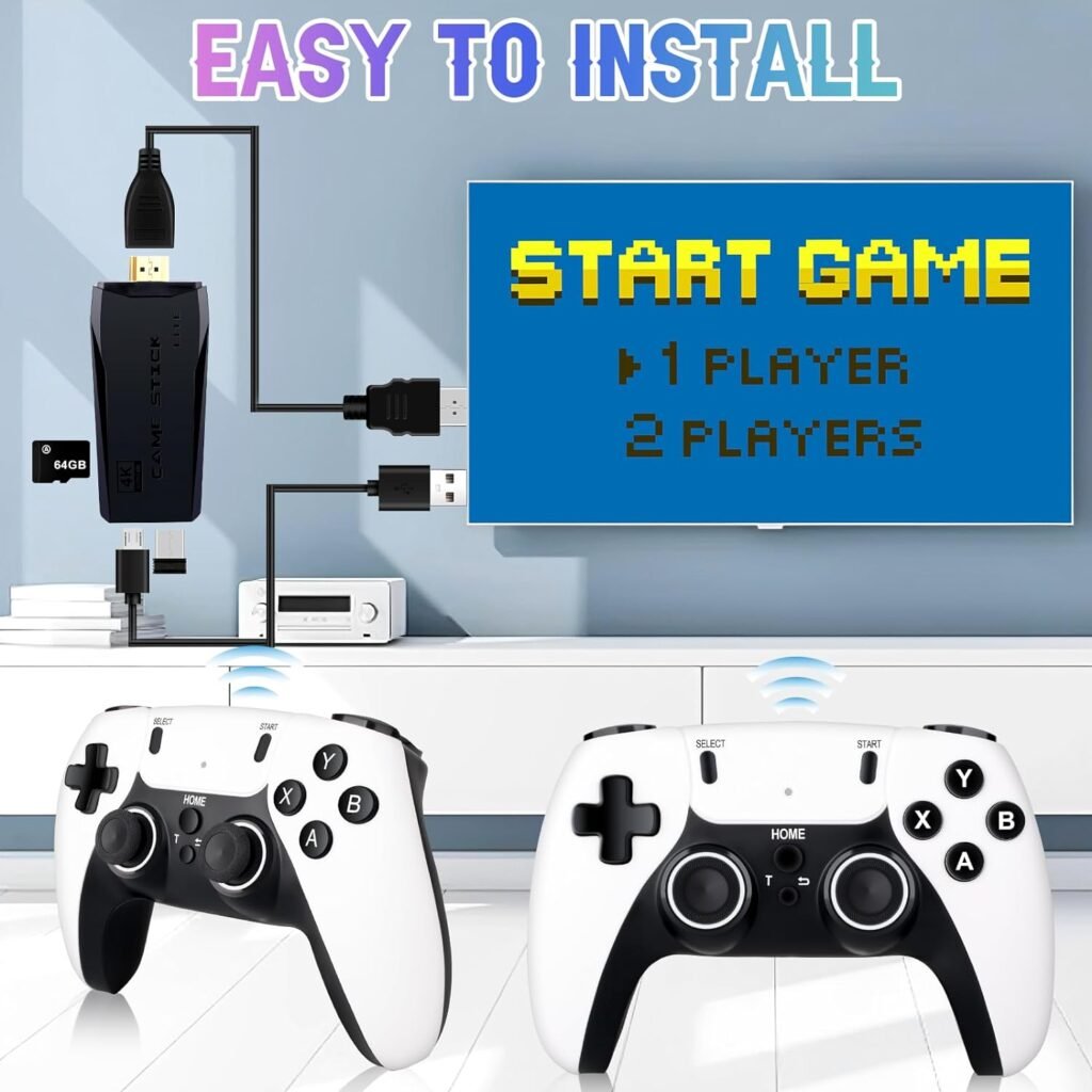 Retro Game Console, 64G Nostalgic Stick Game, 4K HDMI Output Plug and Play Classic Video Built in 20000+ Games, Wireless TV with 9 Emulators, Dual 2.4G Wireless Controllers