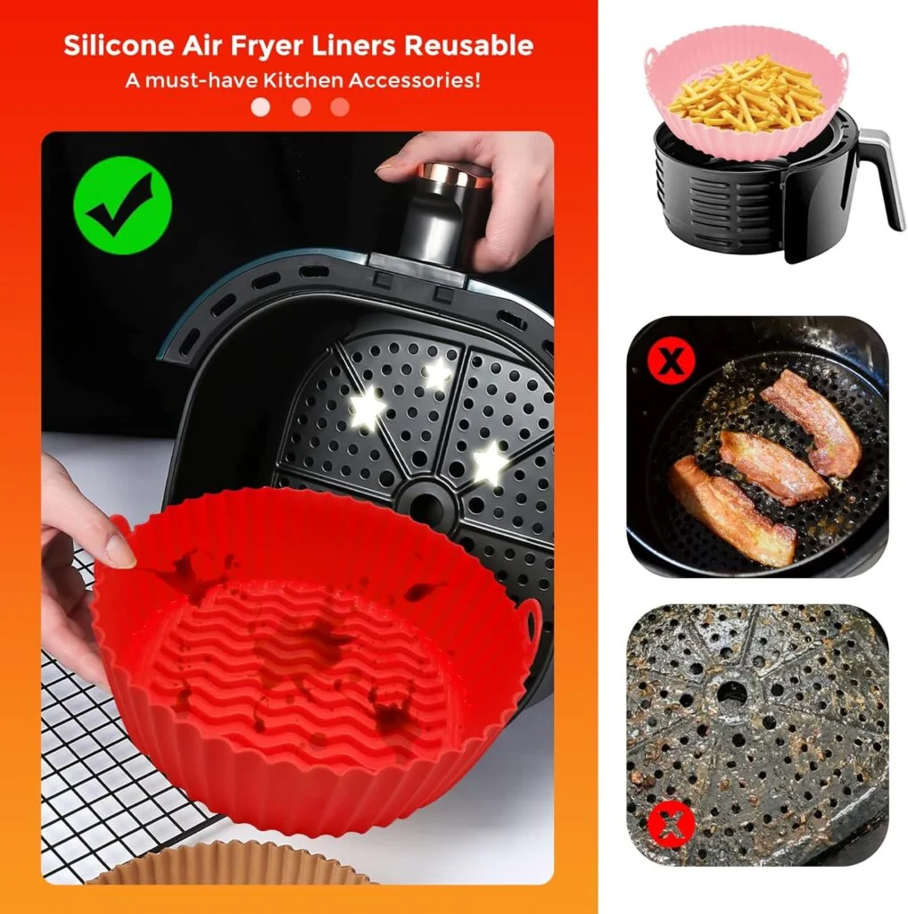 Silicone Air Fryer Liners, 7.5 3 to 6 QT Round Reusable Heat Resistant Air Fryer Silicone Liner Bowl Pots Basket Accessories for Ninja Gourmia COSORI Chefman GoWISE Power XL Air Fryers Oven