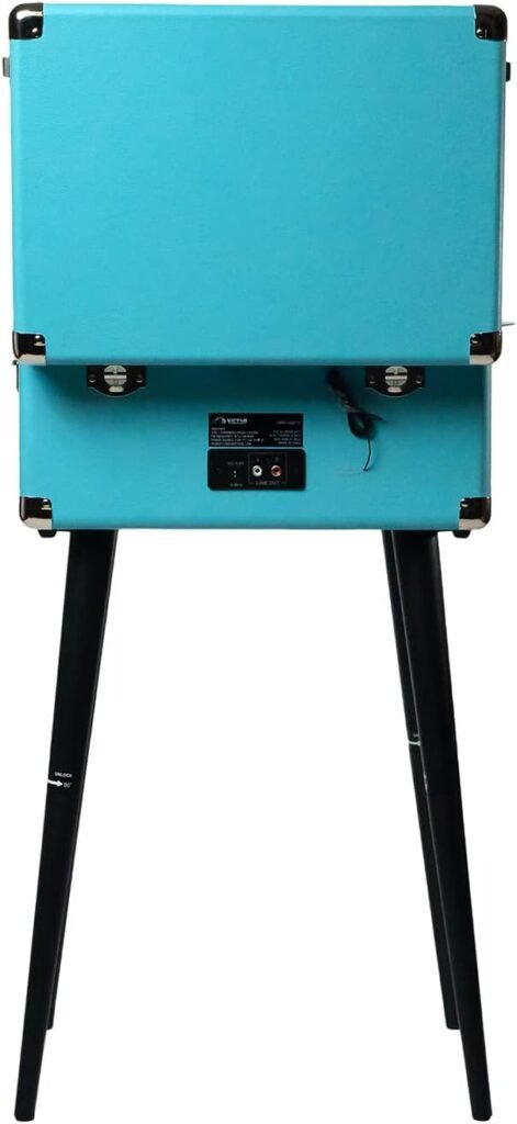 VICTOR Andover 5-in-1 Turntable Music Center with 3-Speed Record Player, FM Radio, Dual Bluetooth in  Out, Built-in Stereo Speakers, and Chair Height Legs, Turquoise