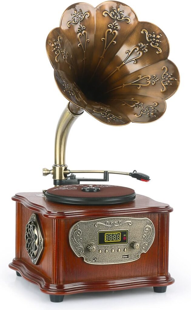 Vintage Classic Retro Phonograph Gramophone Vinyl Record Player Turntable Bluetooth 4.2, 3.5mm Aux-in/USB/FM Radio with Copper Horn
