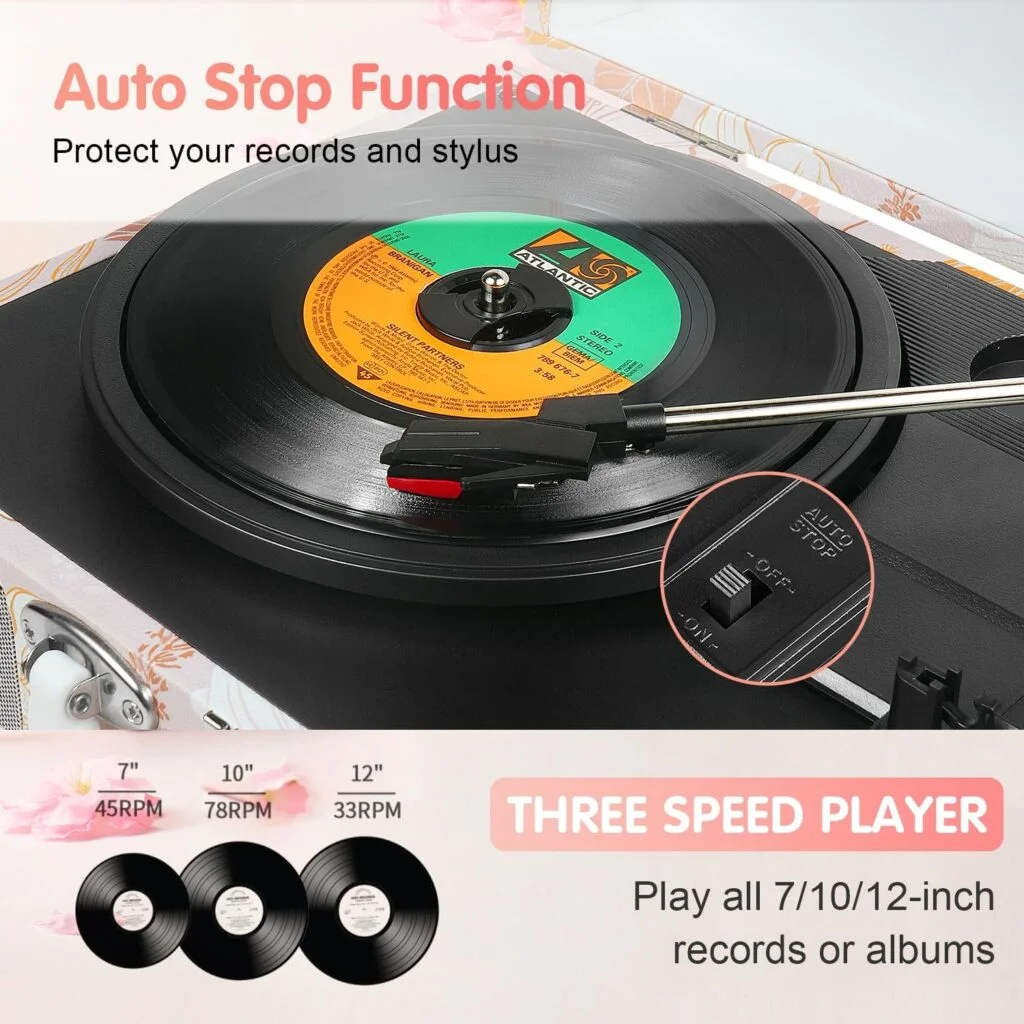 Vinyl Record Player Bluetooth Vintage 3-Speed Portable Suitcase Turntables with Built-in Speakers, 33 45 78 RPM Belt-Driven LP Player Support USB Recording AUX-in RCA Out Headphone Jack, Pink Flower