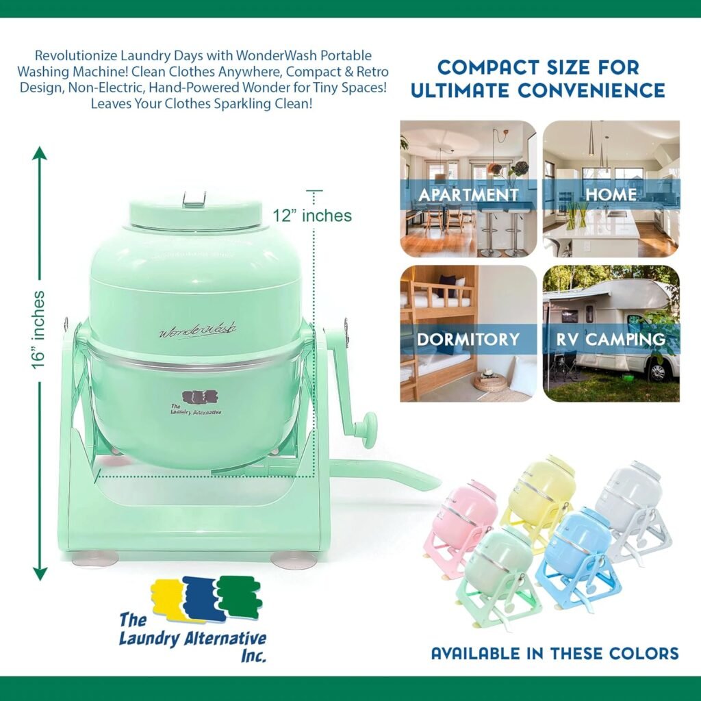 WonderWash Portable Washing Machine for Apartment  Tiny Spaces - Manual Hand Clothes Washer with Retro Design - Clean Laundry Anywhere with Our Countertop, Non-Electric, Small Washer - Mint Green