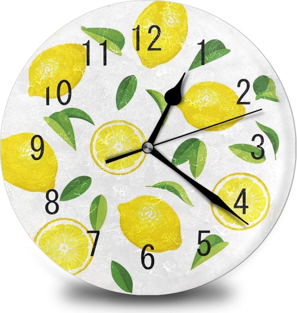 Yellow Fresh Lemon Fruit Kitchen Home 12 Inch Silent Vintage Design Wooden Round Wall Clock Arabic Numerals Design Non Ticking Retro Clocks Home Decor Desk Clock